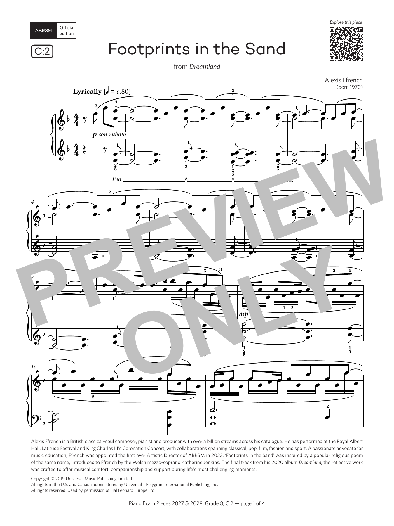 Alexis Ffrench Footprints in the Sand (Grade 8, list C2, from the ABRSM Piano Syllabus 2027 & 2028) sheet music notes and chords arranged for Piano Solo