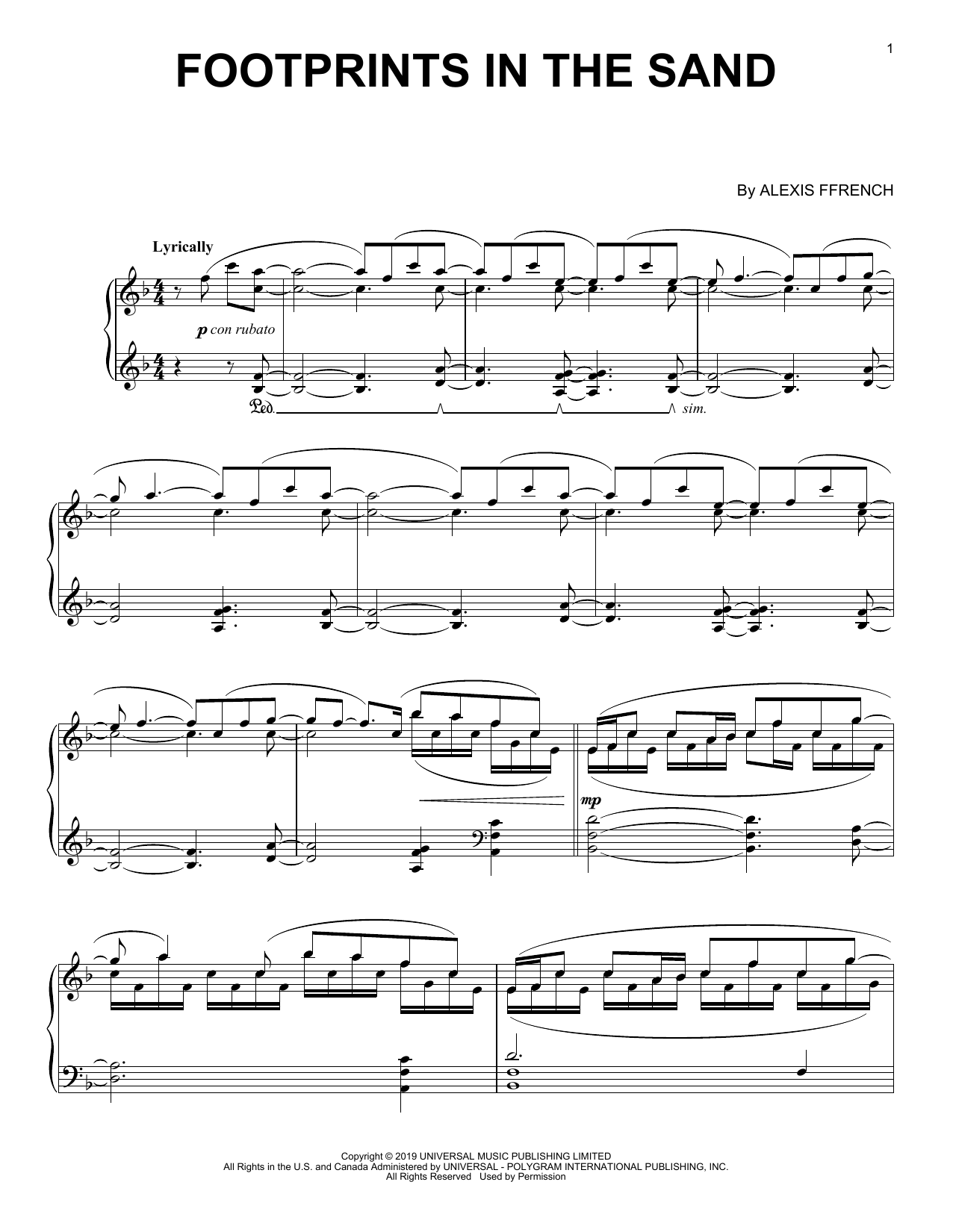 Alexis Ffrench Footprints In The Sand sheet music notes and chords arranged for Piano Solo