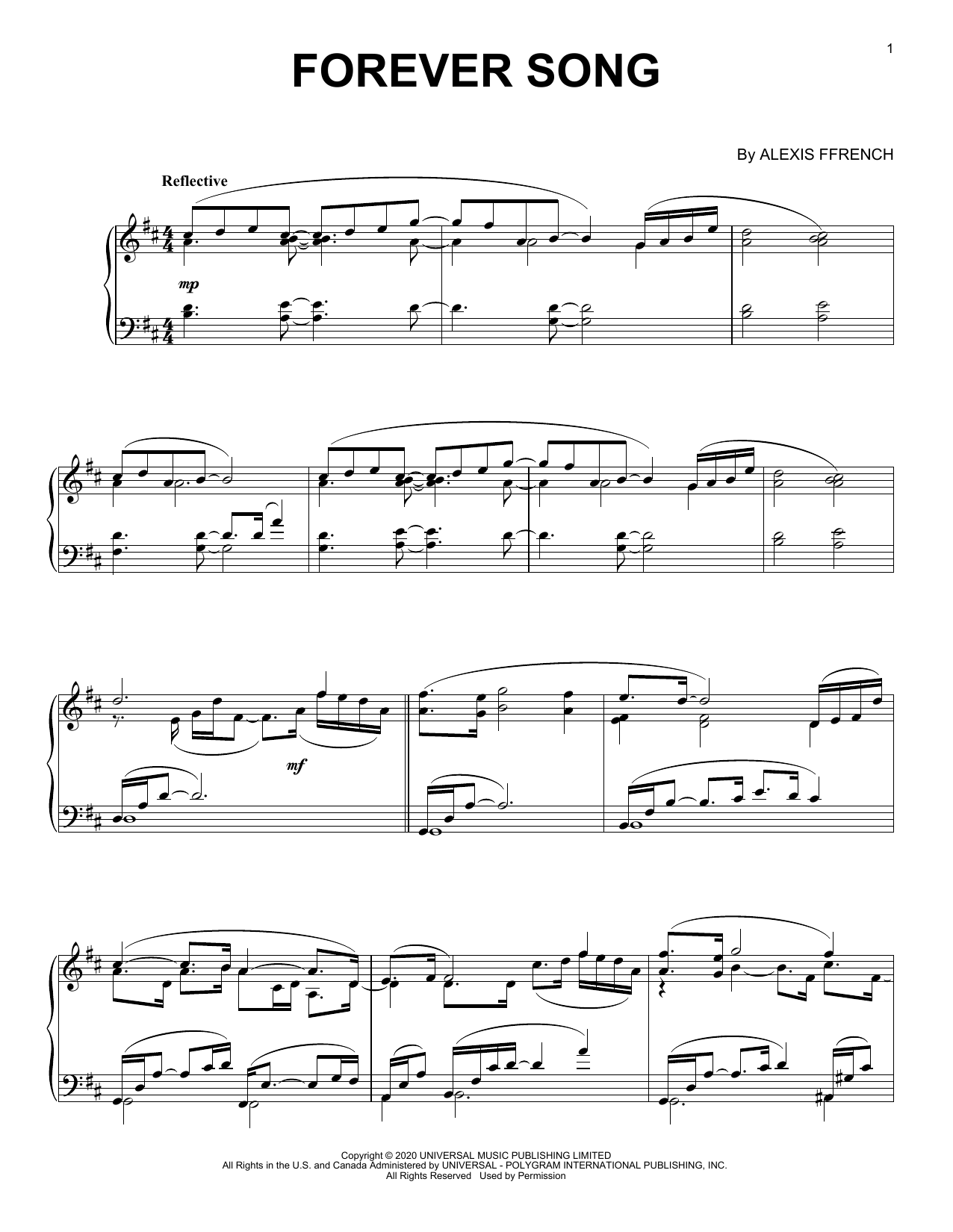 Alexis Ffrench Forever Song sheet music notes and chords arranged for Piano Solo