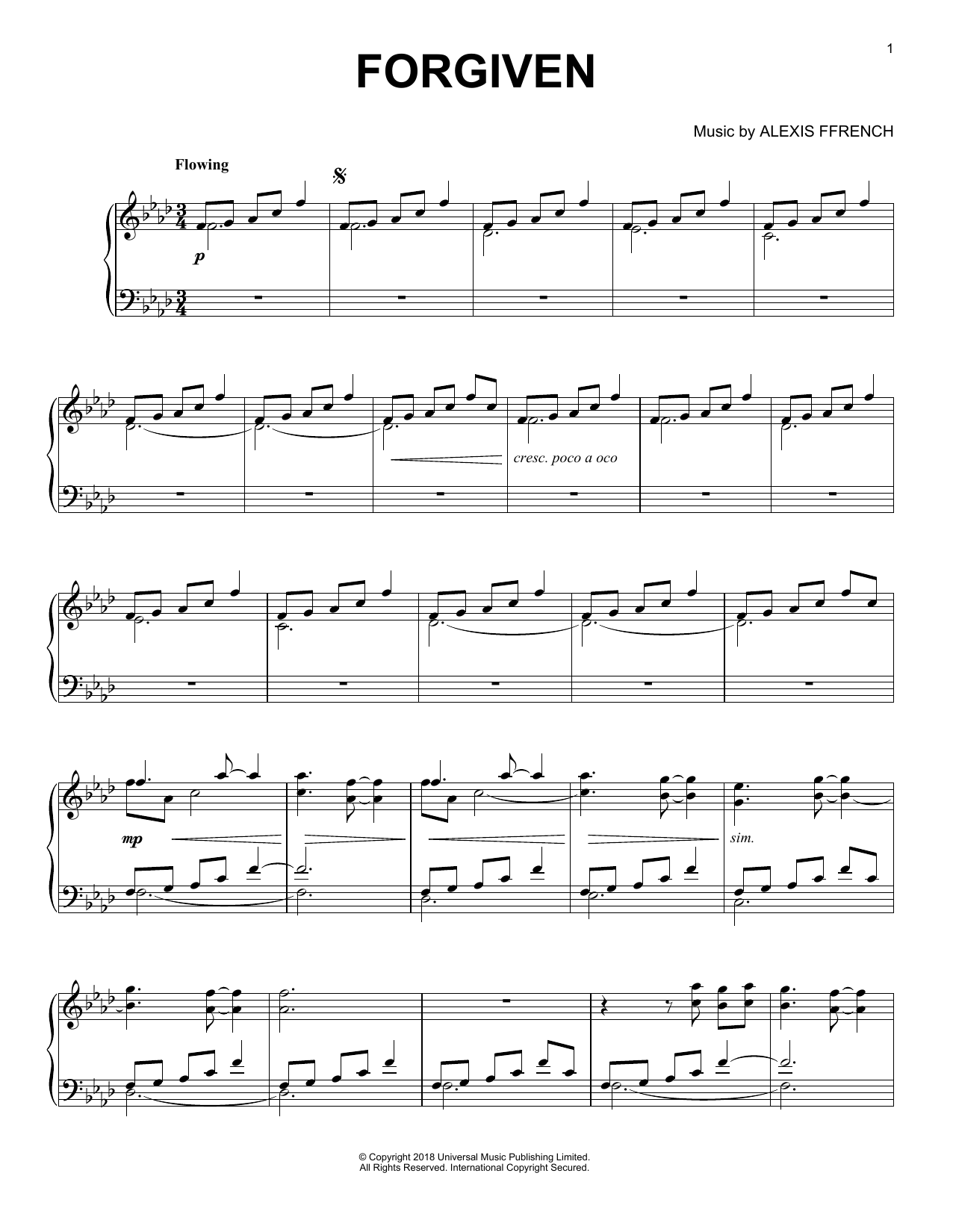 Alexis Ffrench Forgiven sheet music notes and chords arranged for Piano Solo