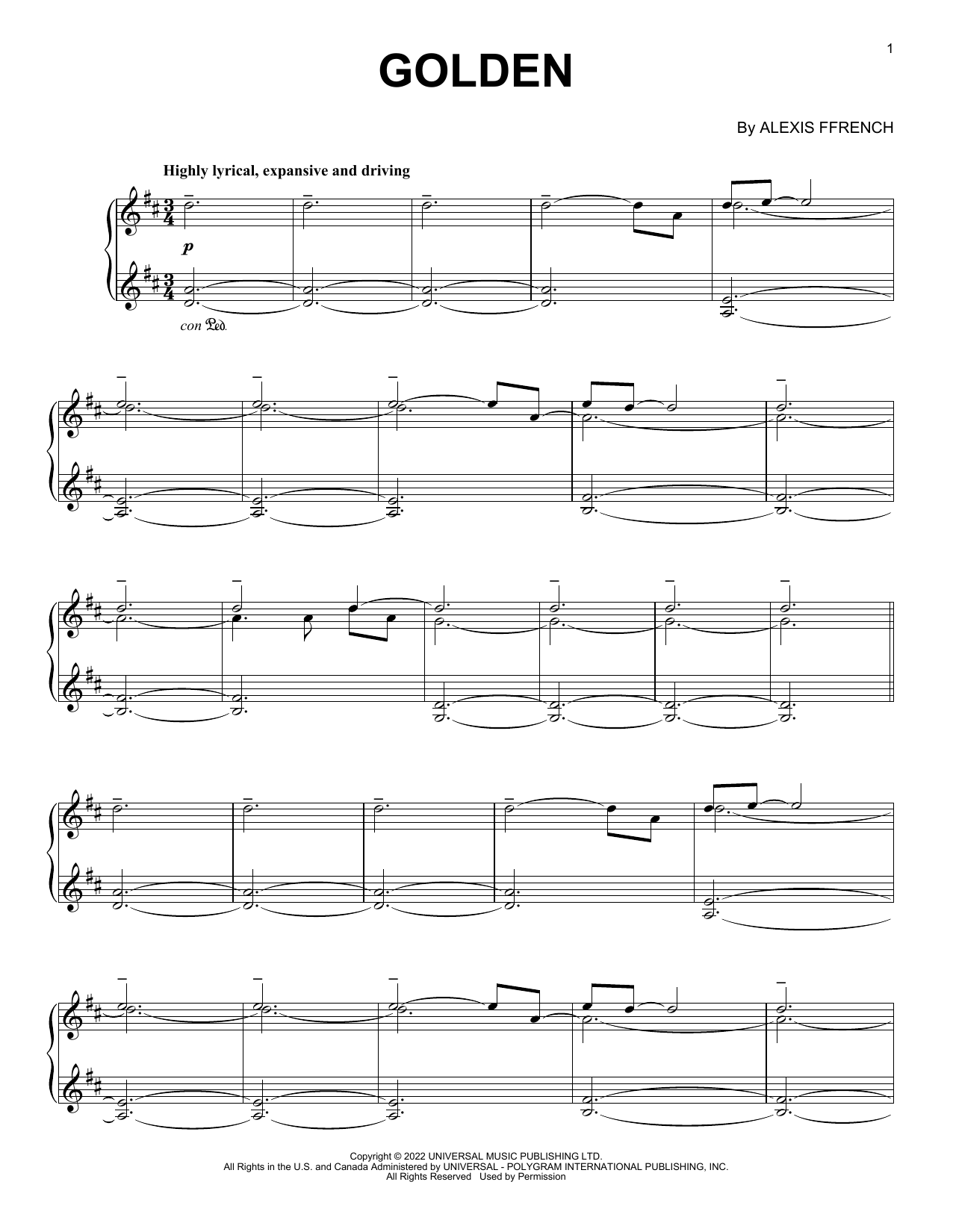 Alexis Ffrench Golden sheet music notes and chords arranged for Piano Solo