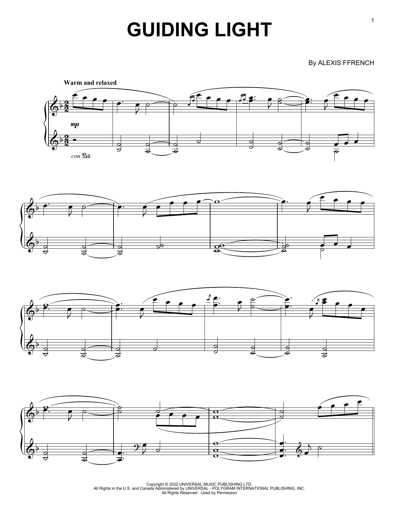 Alexis Ffrench Guiding Light sheet music notes and chords arranged for Piano Solo