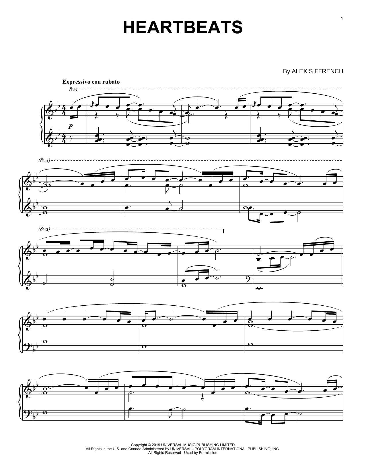 Alexis Ffrench Heartbeats sheet music notes and chords arranged for Piano Solo