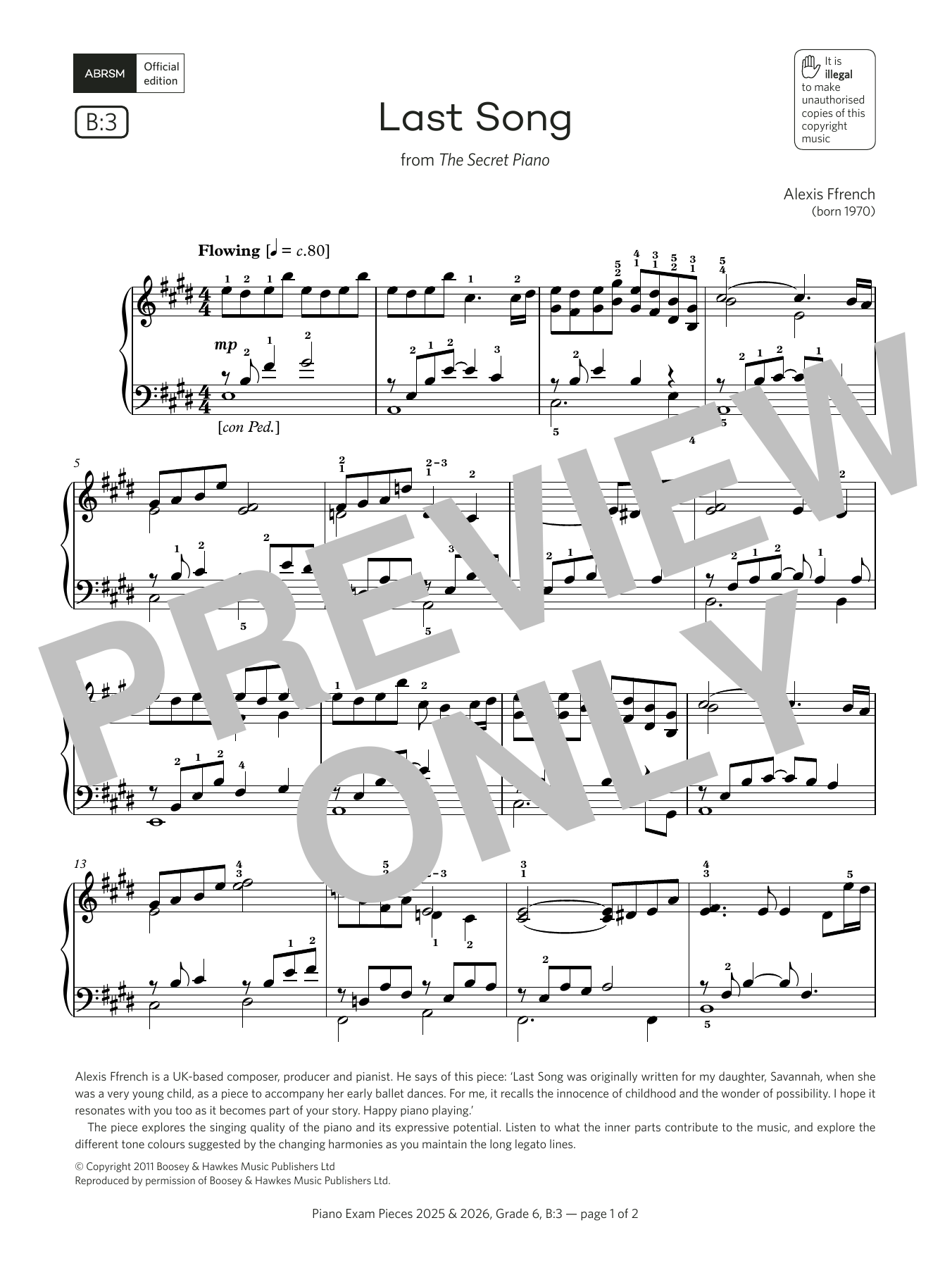 Alexis Ffrench Last Song (Grade 6, list B3, from the ABRSM Piano Syllabus 2025 & 2026) sheet music notes and chords arranged for Piano Solo