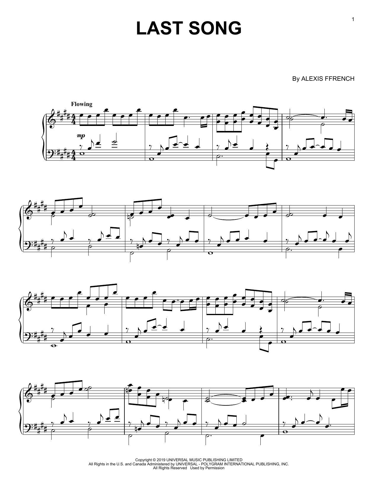 Alexis Ffrench Last Song sheet music notes and chords arranged for Piano Solo