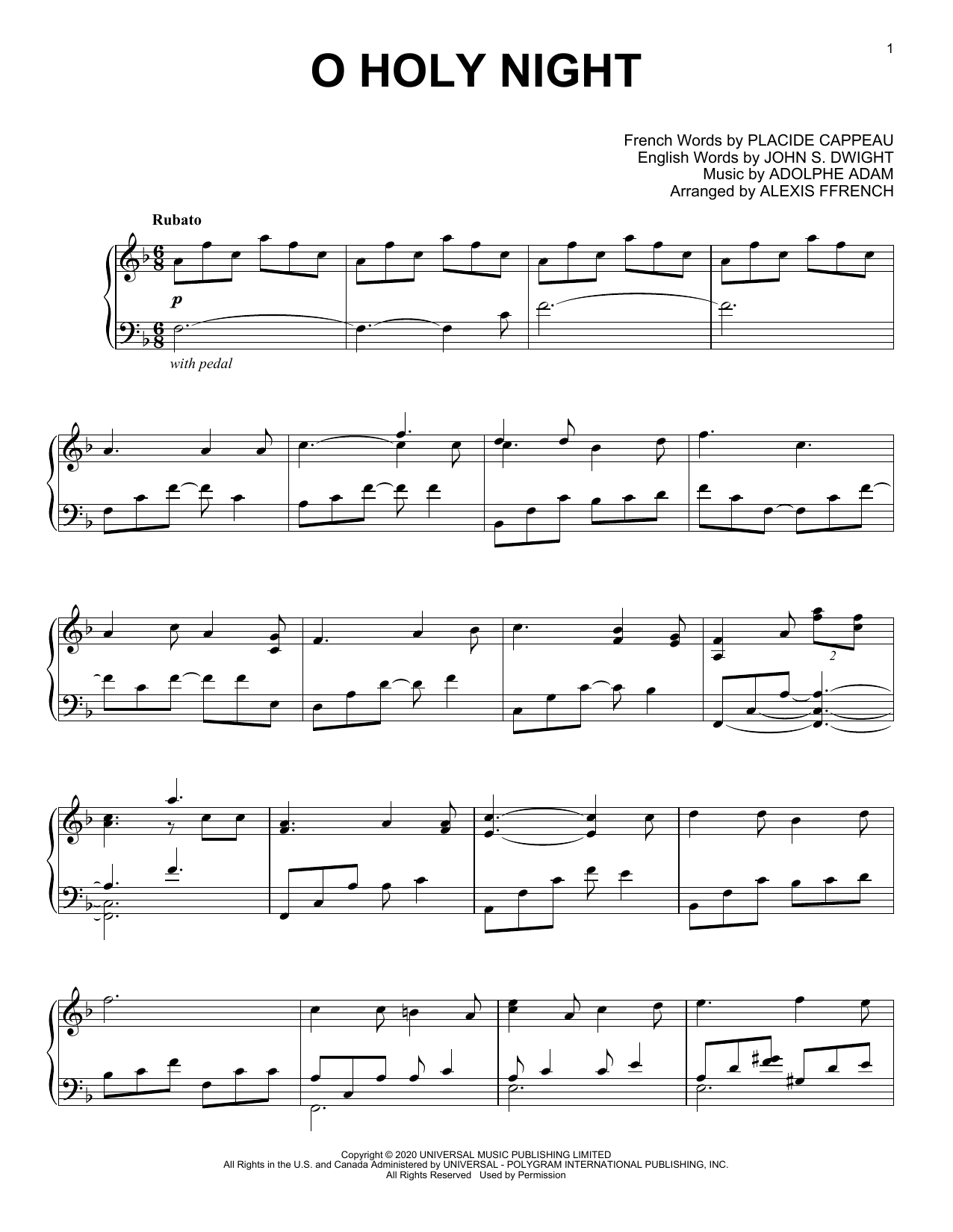 Alexis Ffrench O Holy Night sheet music notes and chords arranged for Piano Solo