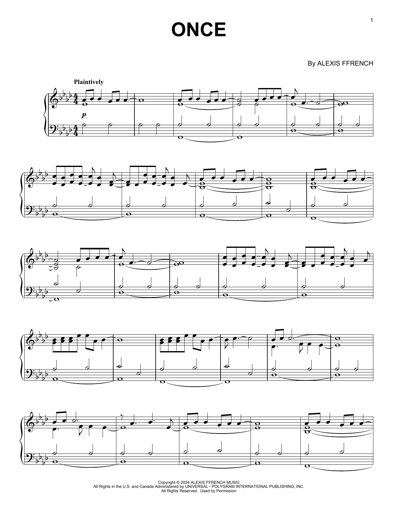 Alexis Ffrench Once sheet music notes and chords arranged for Piano Solo