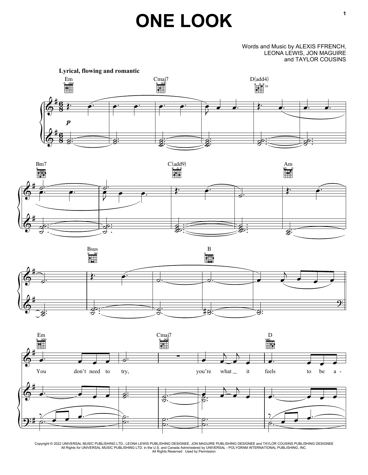 Alexis Ffrench One Look (feat. Leona Lewis) sheet music notes and chords arranged for Piano, Vocal & Guitar Chords (Right-Hand Melody)