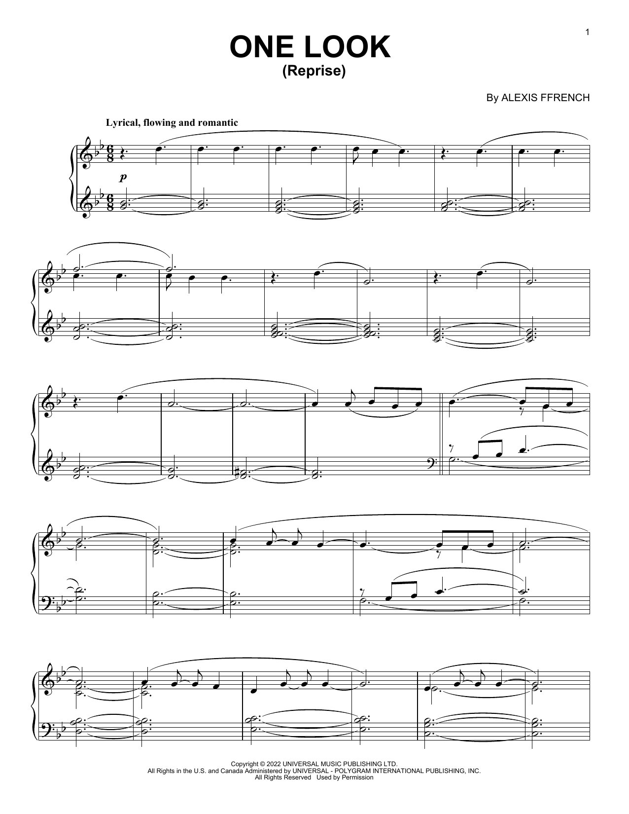 Alexis Ffrench One Look (Reprise) sheet music notes and chords arranged for Piano Solo
