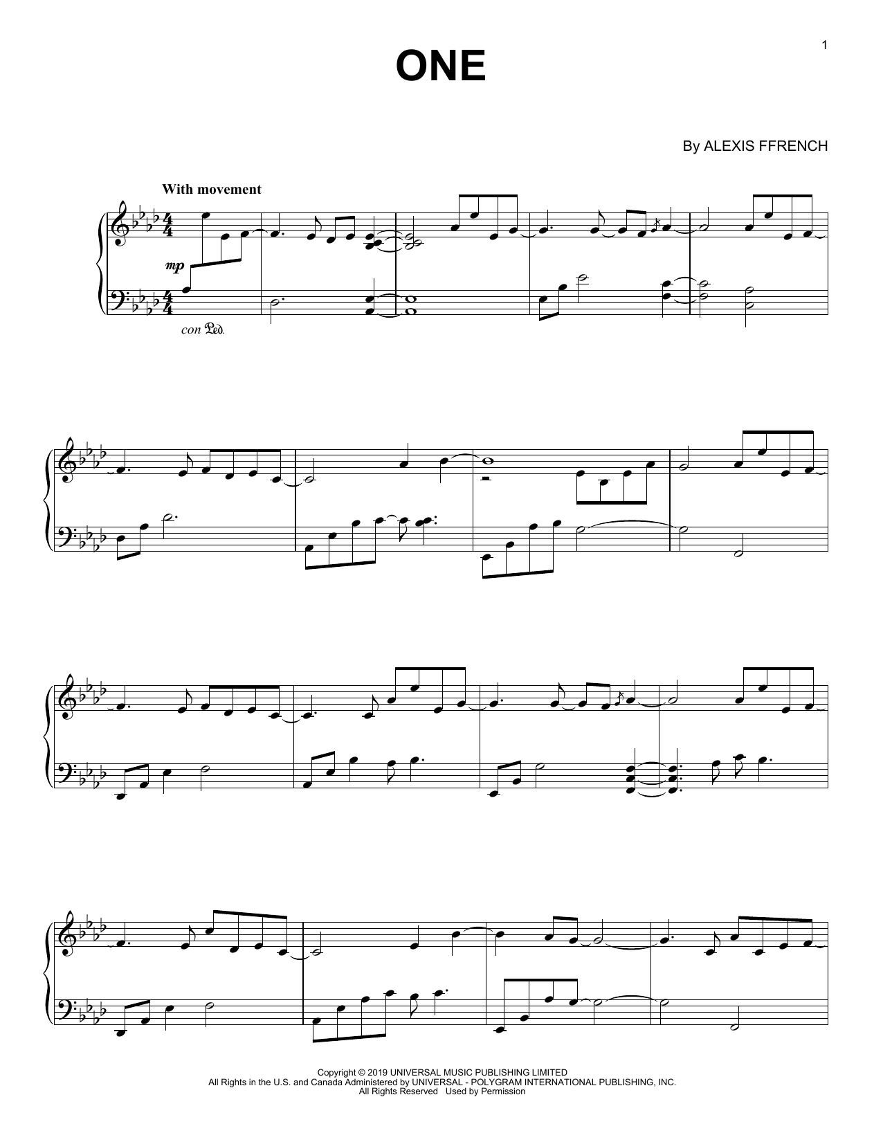 Alexis Ffrench One sheet music notes and chords arranged for Piano Solo