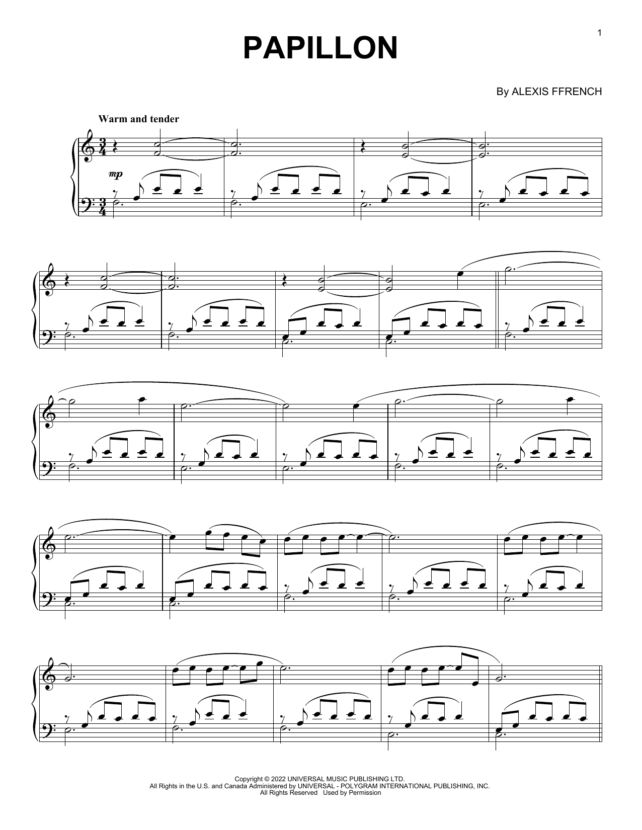 Alexis Ffrench Papillon sheet music notes and chords arranged for Piano Solo