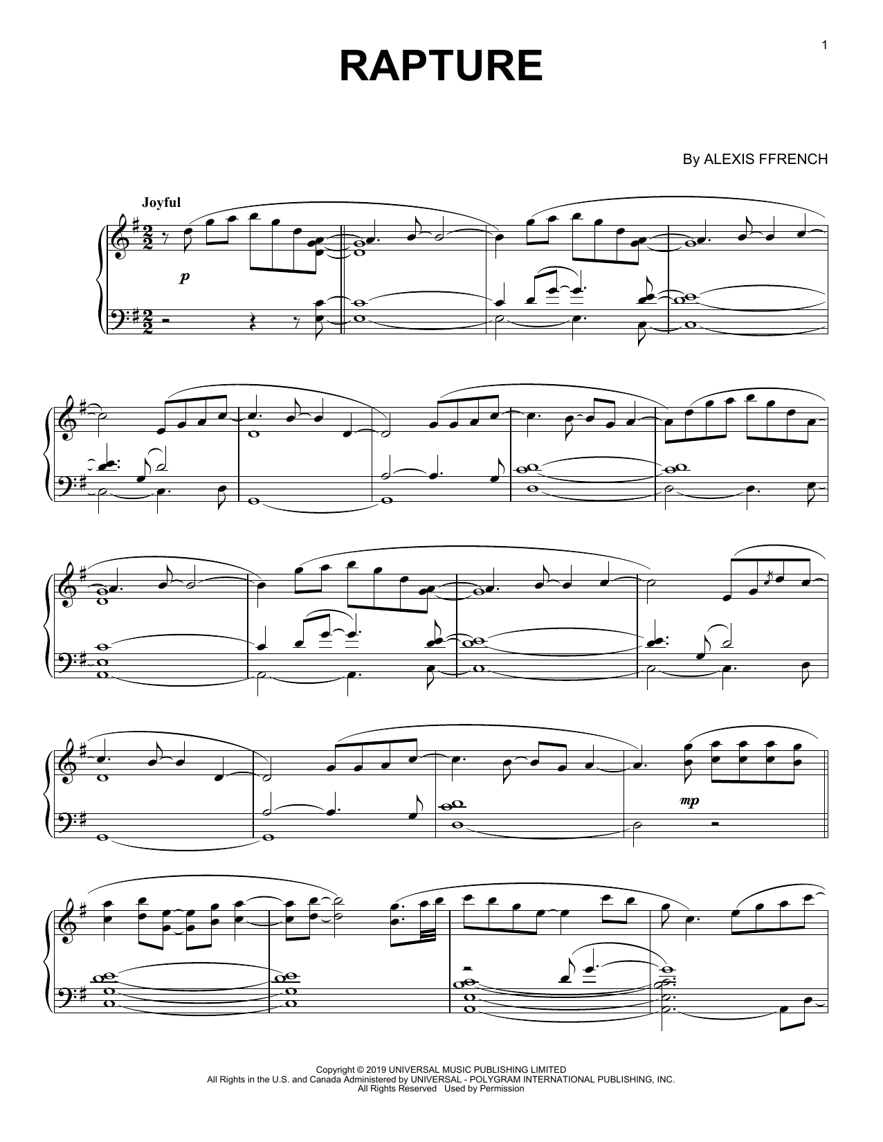 Alexis Ffrench Rapture sheet music notes and chords arranged for Piano Solo