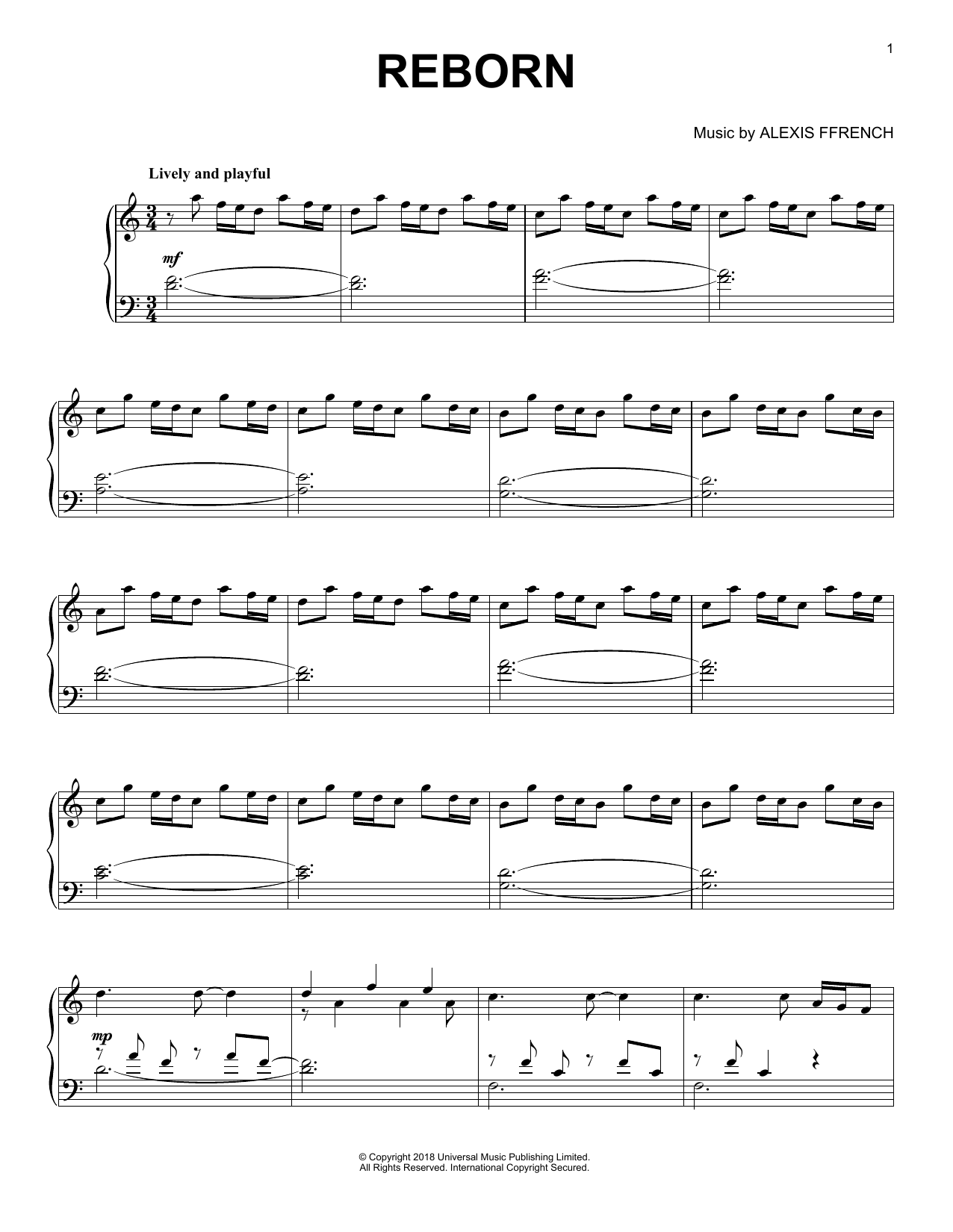 Alexis Ffrench Reborn sheet music notes and chords arranged for Piano Solo