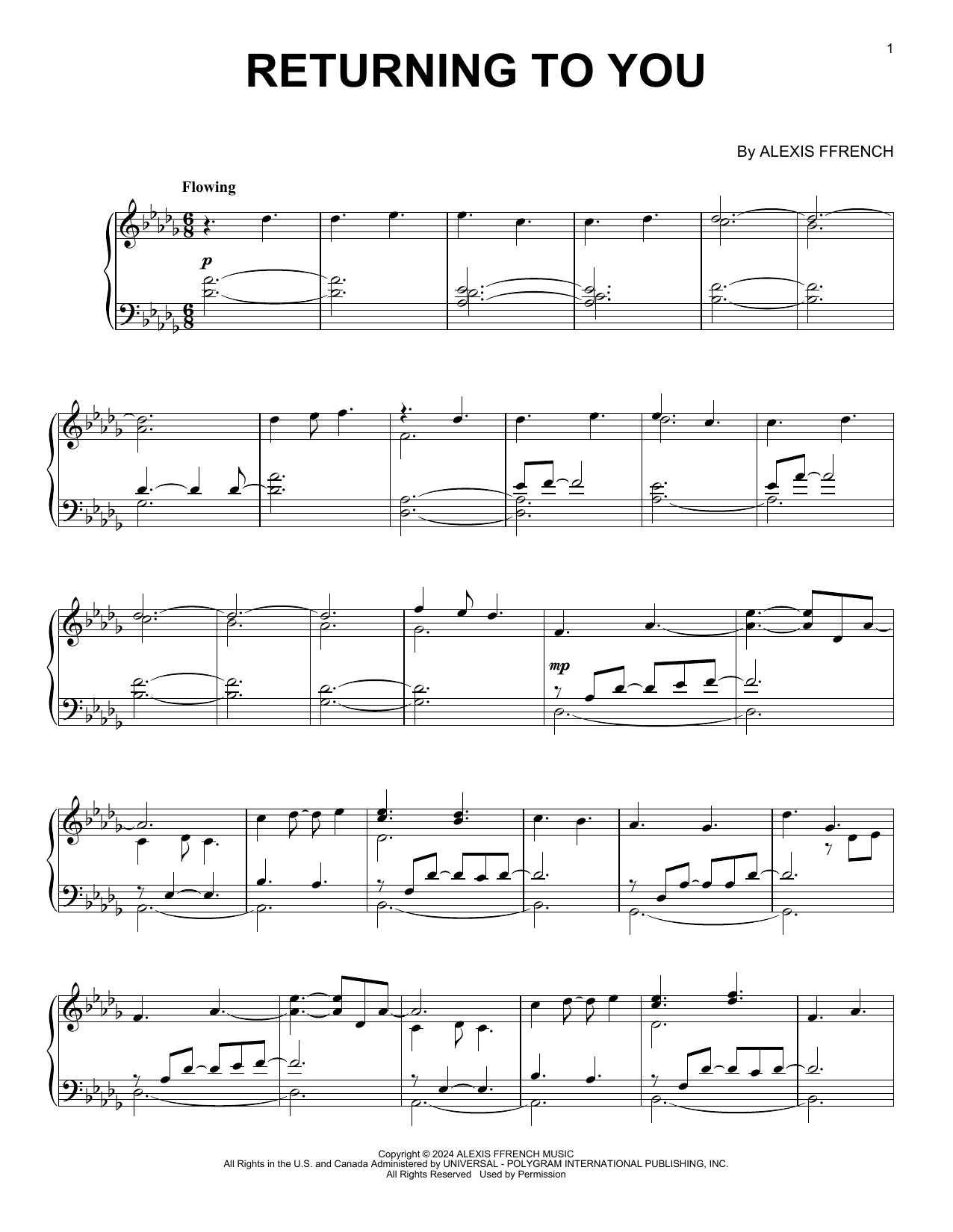 Alexis Ffrench Returning To You sheet music notes and chords arranged for Piano Solo