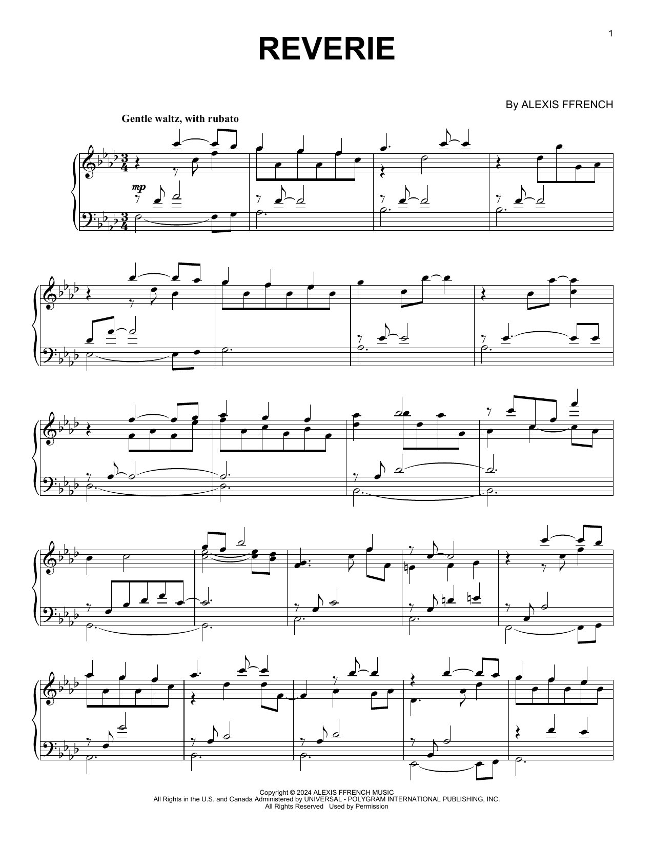 Alexis Ffrench Reverie sheet music notes and chords arranged for Piano Solo