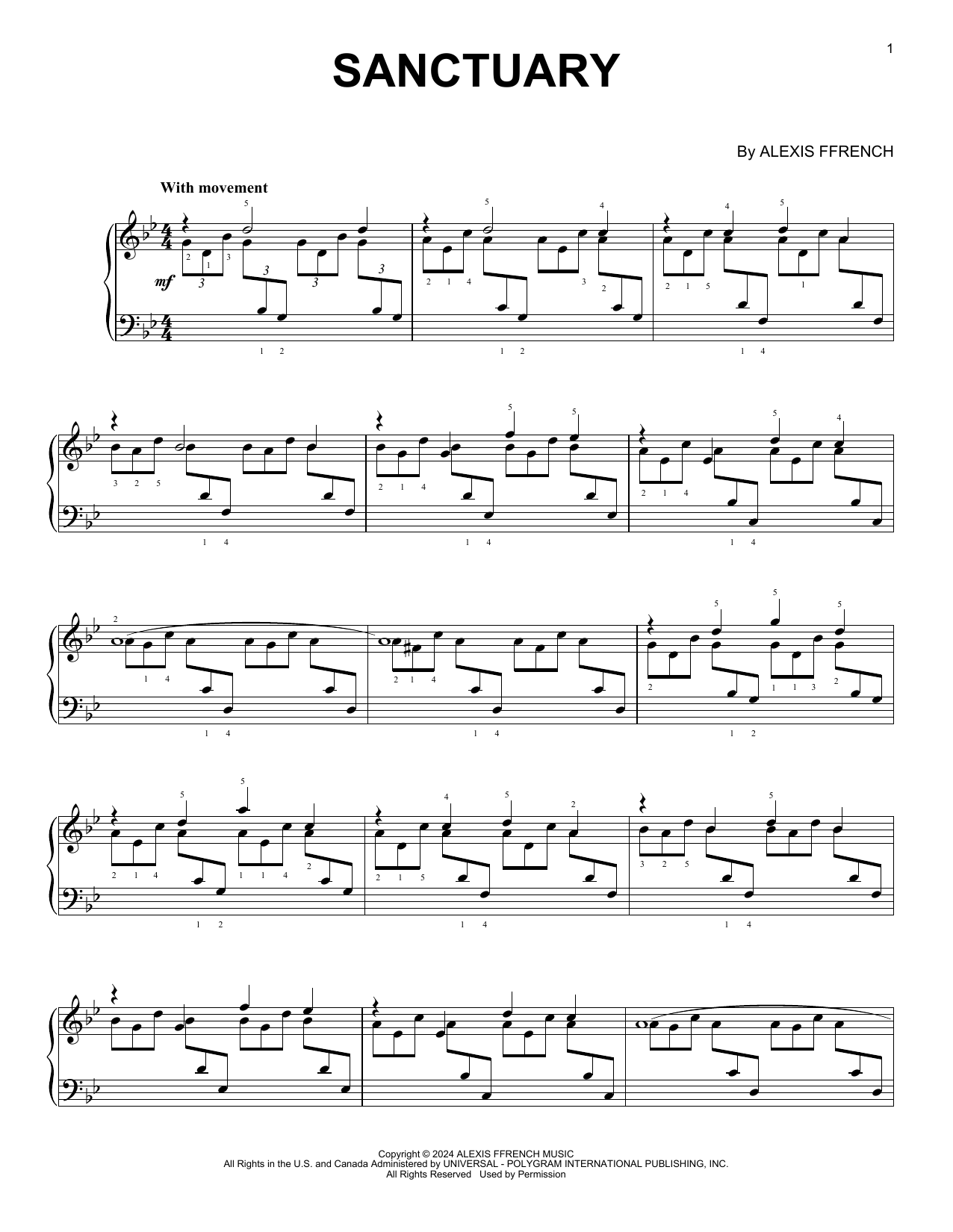 Alexis Ffrench Sanctuary sheet music notes and chords arranged for Piano Solo
