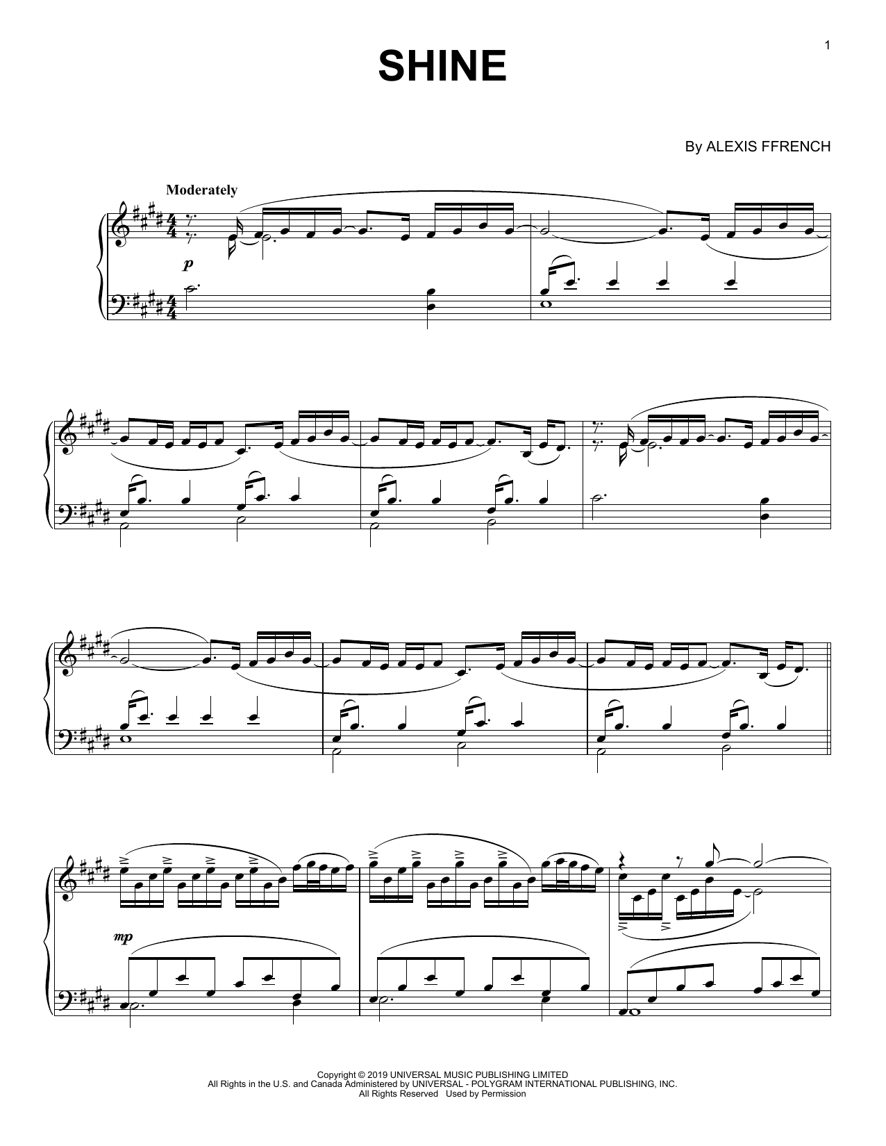 Alexis Ffrench Shine sheet music notes and chords arranged for Piano Solo