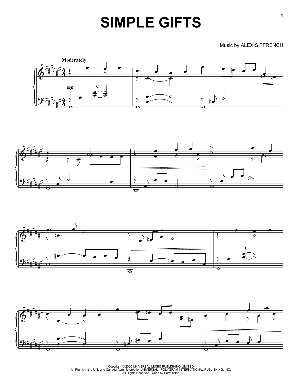 Alexis Ffrench Simple Gifts sheet music notes and chords arranged for Piano Solo