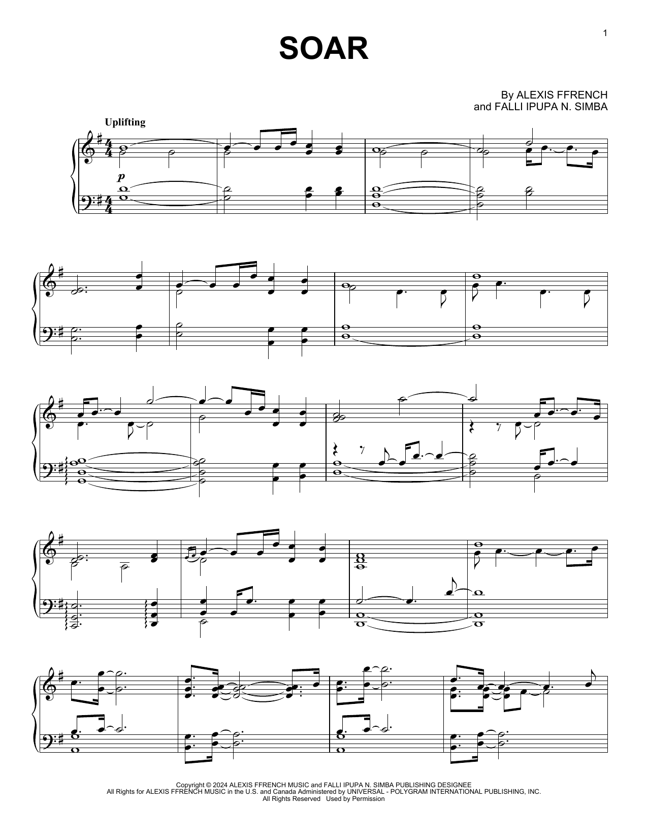 Alexis Ffrench Soar sheet music notes and chords arranged for Piano Solo