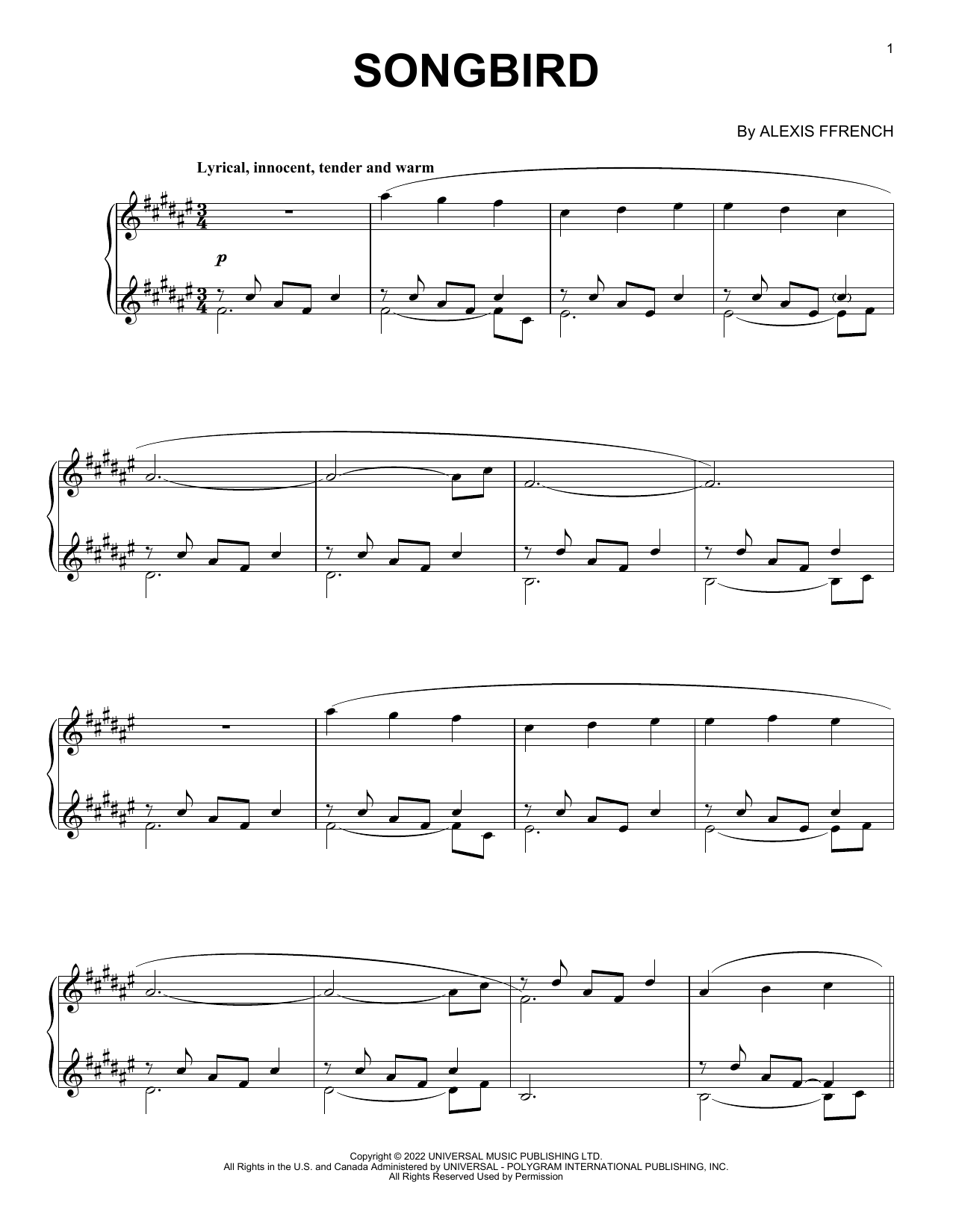 Alexis Ffrench Songbird sheet music notes and chords arranged for Piano Solo