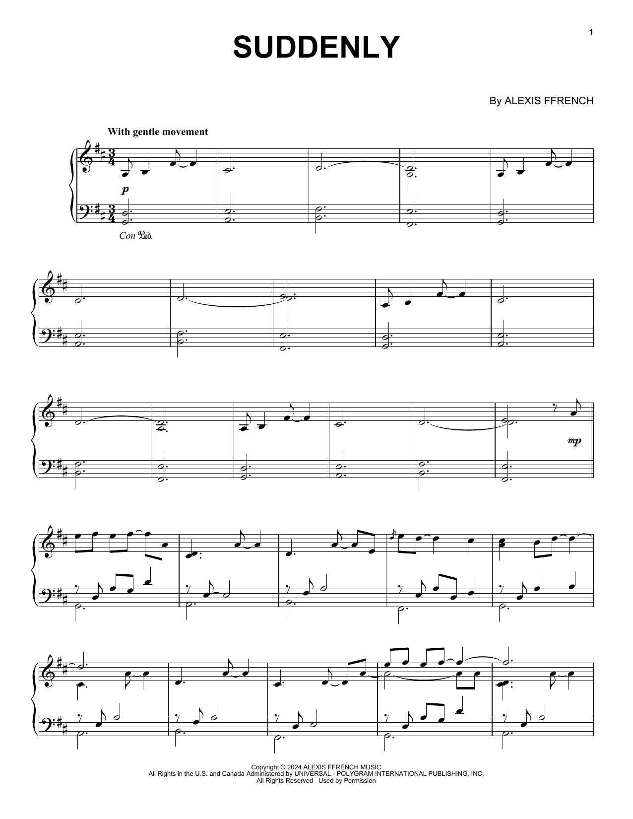 Alexis Ffrench Suddenly sheet music notes and chords arranged for Piano Solo