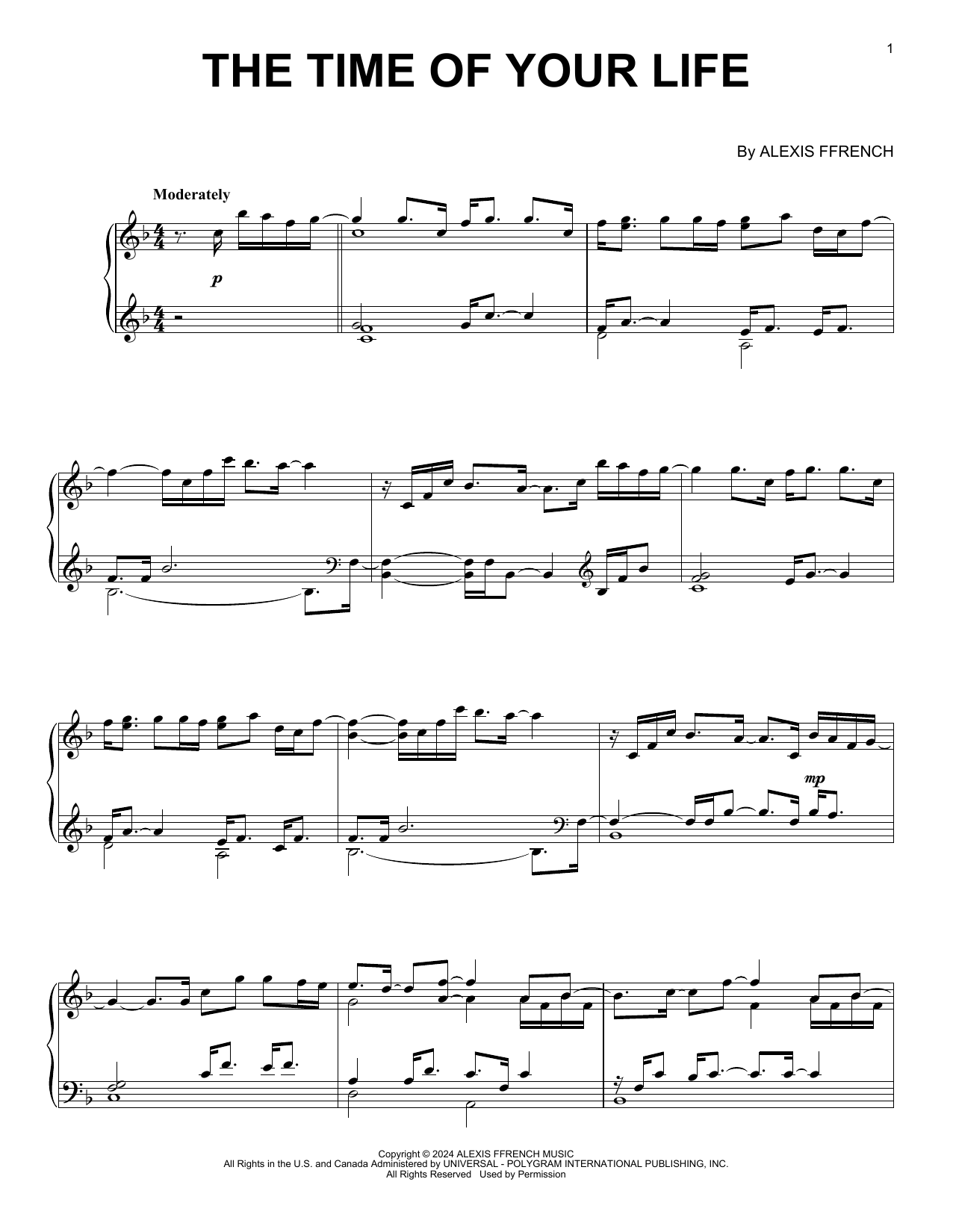 Alexis Ffrench The Time Of Your Life sheet music notes and chords arranged for Piano Solo