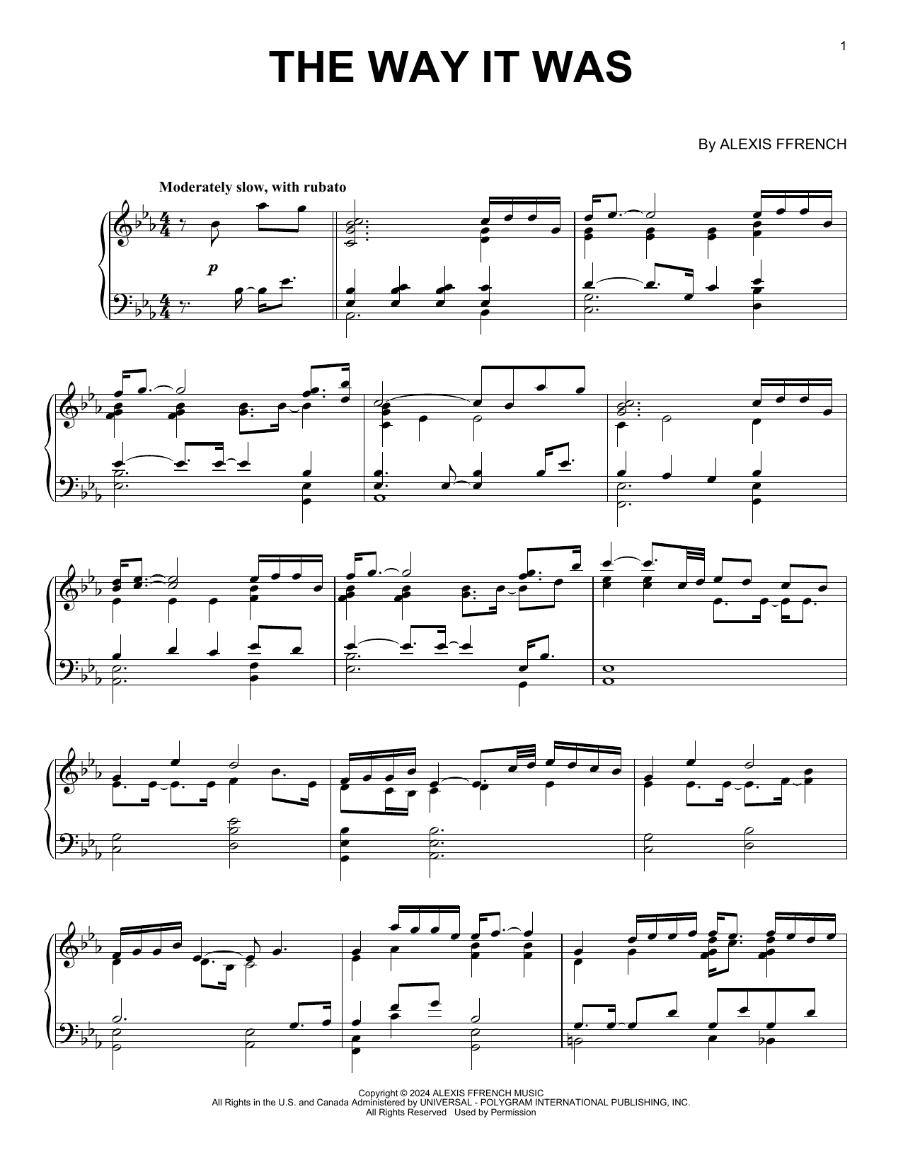 Alexis Ffrench The Way It Was sheet music notes and chords arranged for Piano Solo