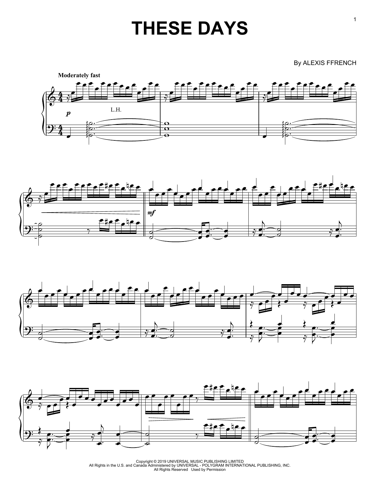Alexis Ffrench These Days sheet music notes and chords arranged for Piano Solo