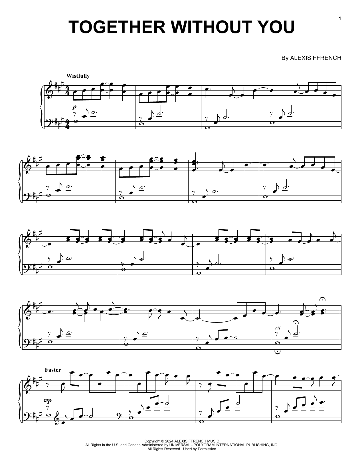 Alexis Ffrench Together Without You sheet music notes and chords arranged for Piano Solo