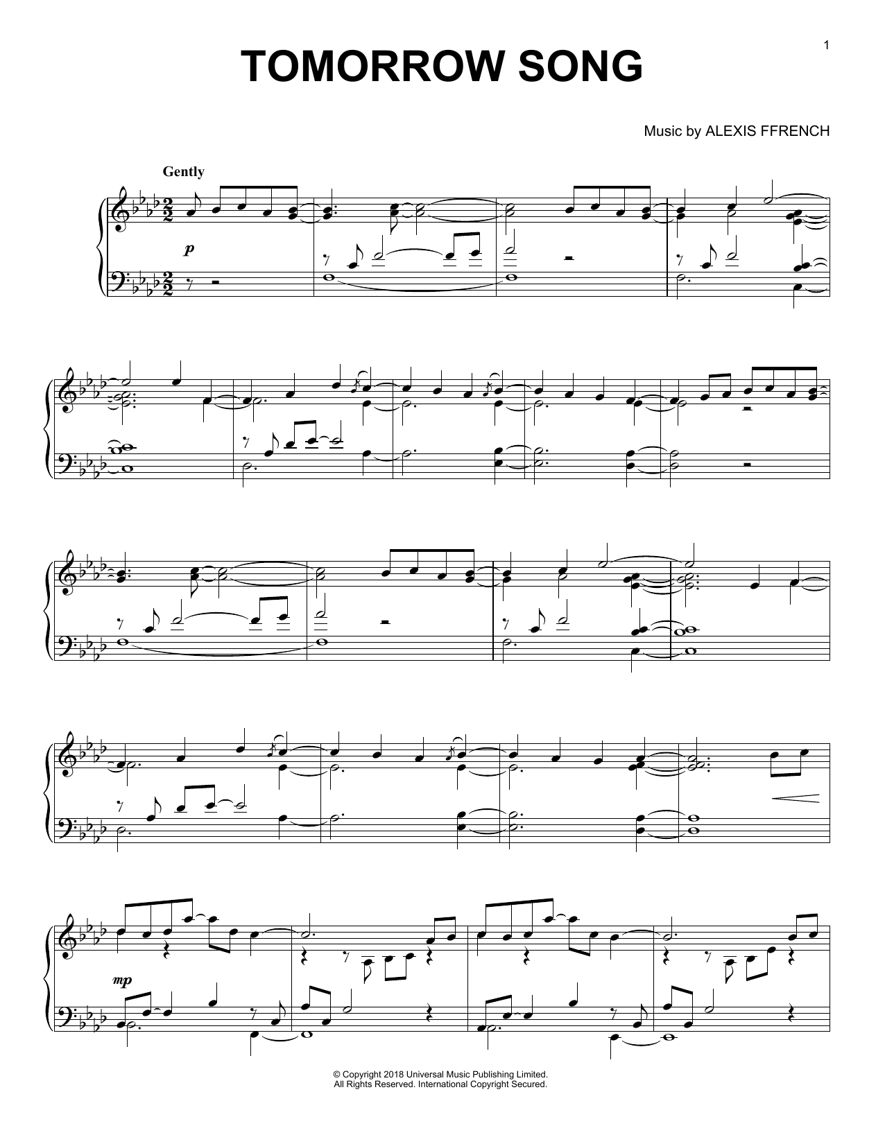 Alexis Ffrench Tomorrow Song sheet music notes and chords arranged for Piano Solo