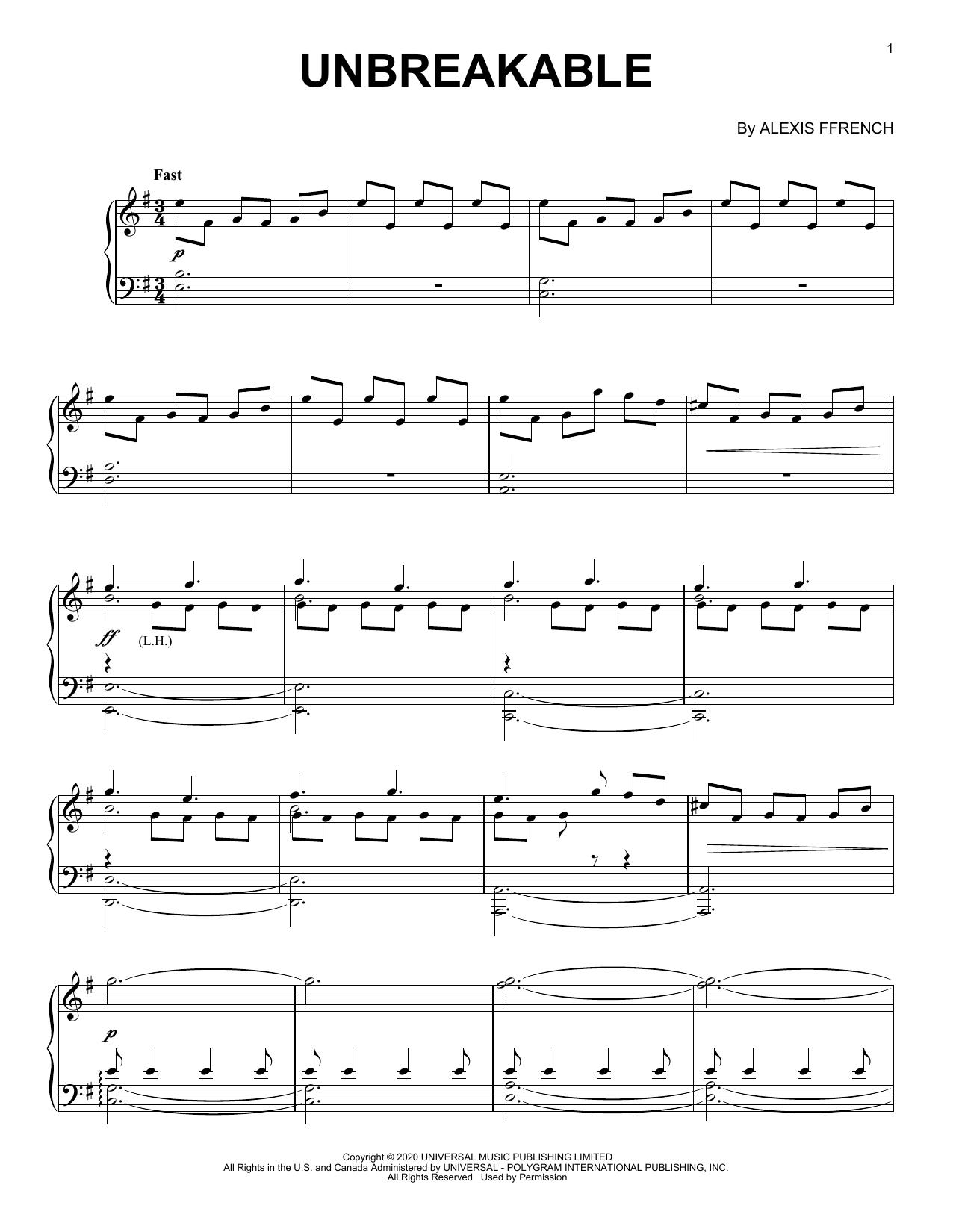 Alexis Ffrench Unbreakable sheet music notes and chords arranged for Piano Solo