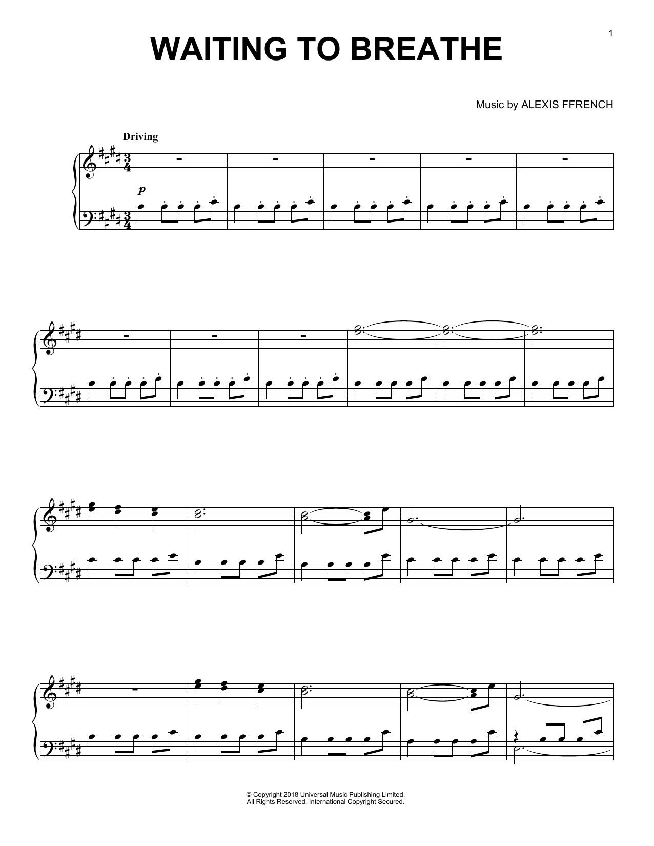 Alexis Ffrench Waiting To Breathe sheet music notes and chords arranged for Piano Solo