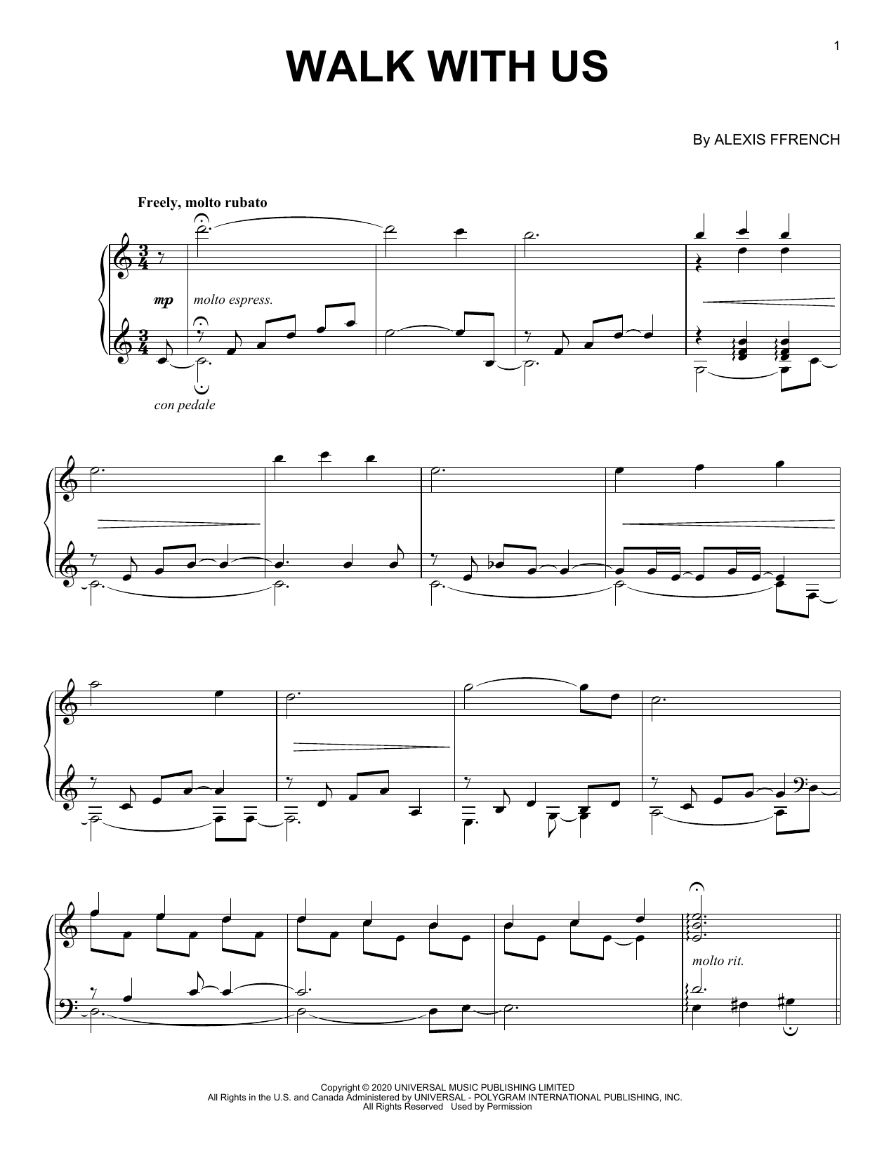 Alexis Ffrench Walk With Us sheet music notes and chords arranged for Piano Solo