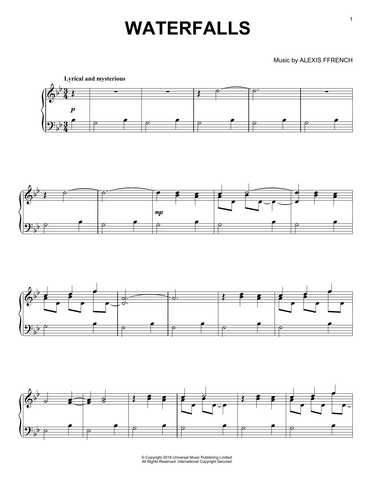 Alexis Ffrench Waterfalls sheet music notes and chords arranged for Piano Solo