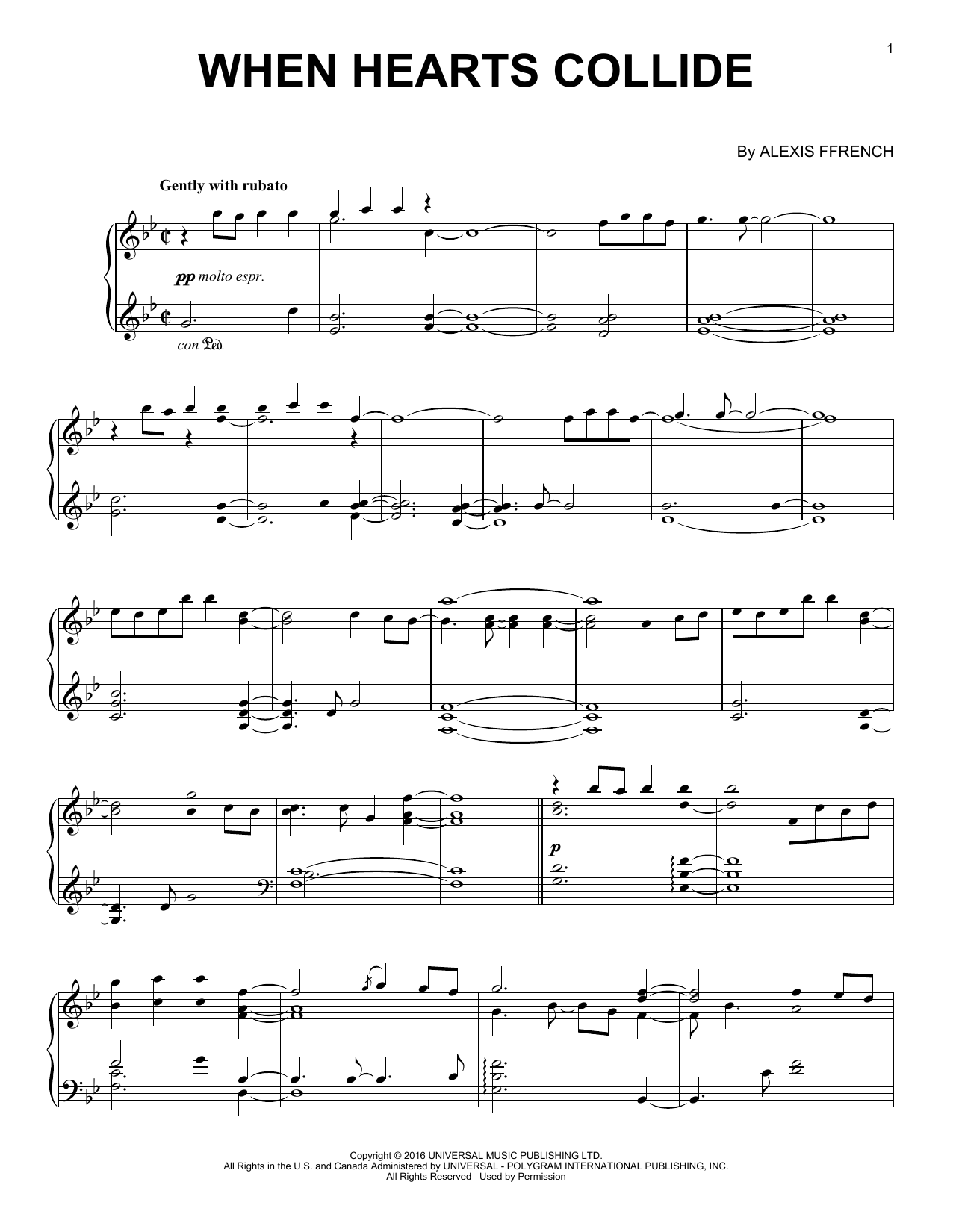 Alexis Ffrench When Hearts Collide sheet music notes and chords arranged for Piano Solo