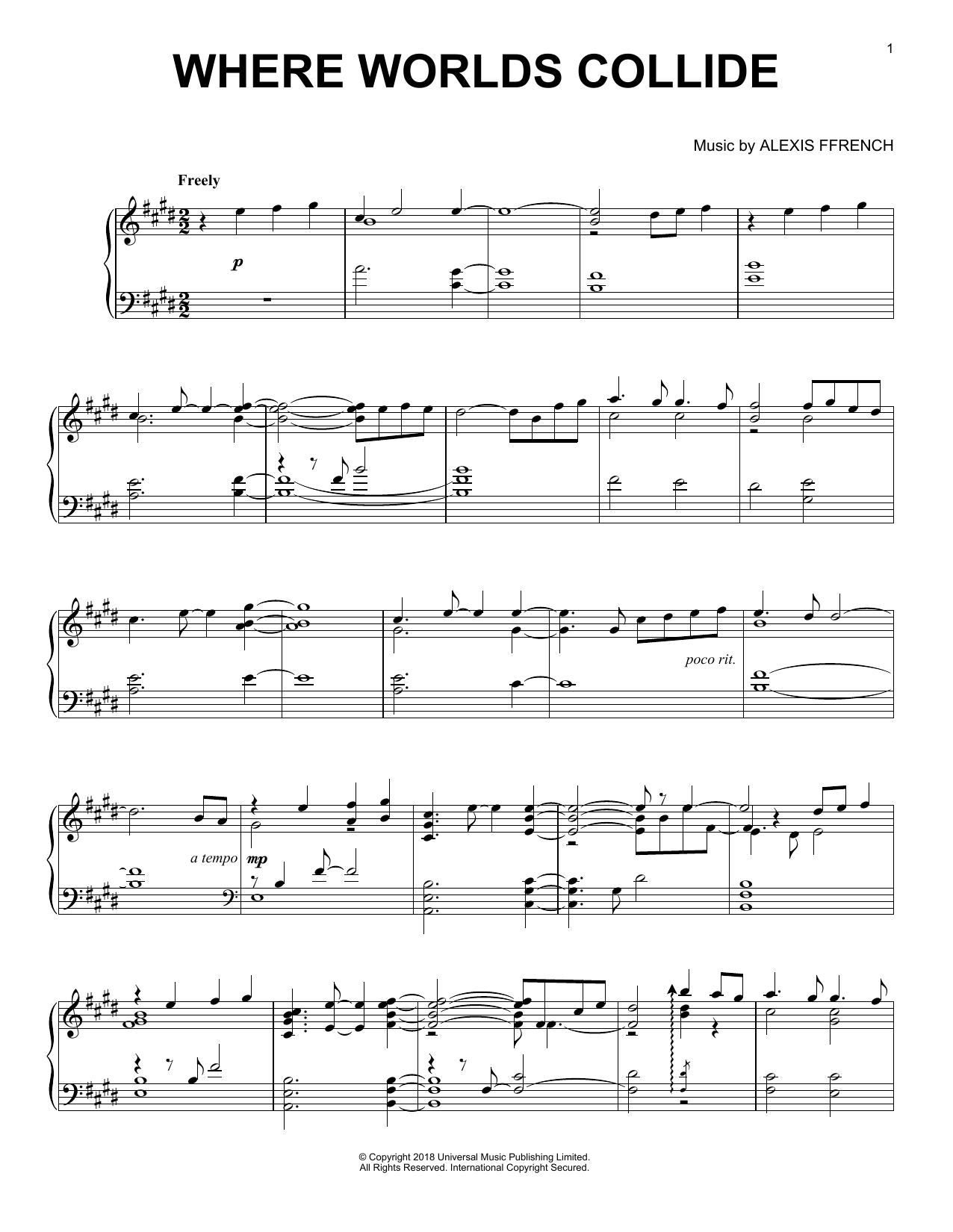 Alexis Ffrench Where Worlds Collide sheet music notes and chords arranged for Piano Solo