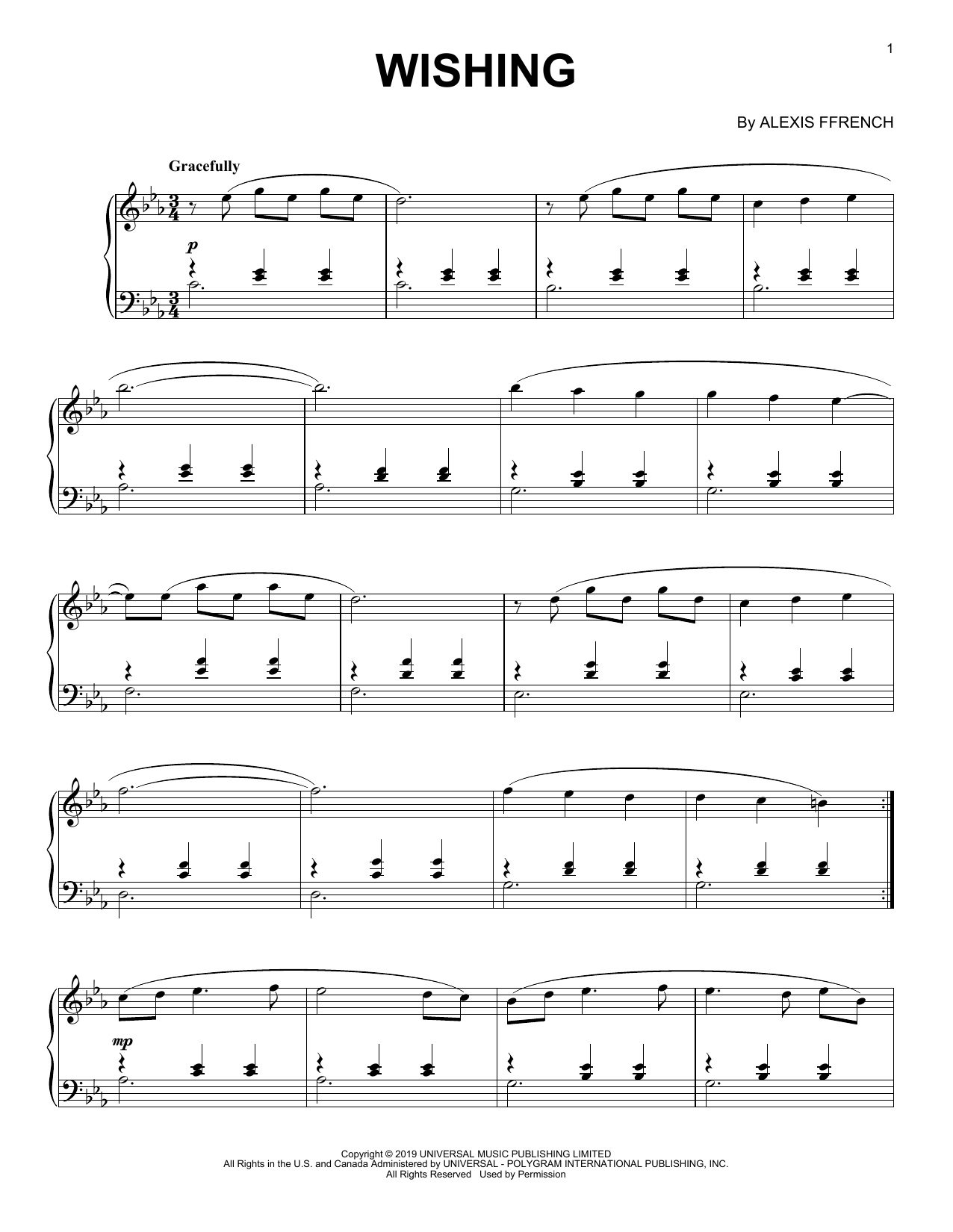 Alexis Ffrench Wishing sheet music notes and chords arranged for Piano Solo