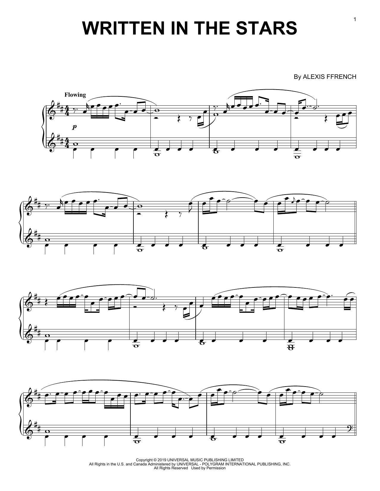 Alexis Ffrench Written In The Stars sheet music notes and chords arranged for Piano Solo