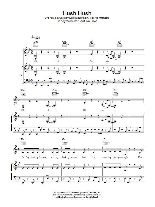 Alexis Jordan Hush Hush sheet music notes and chords arranged for Piano, Vocal & Guitar Chords