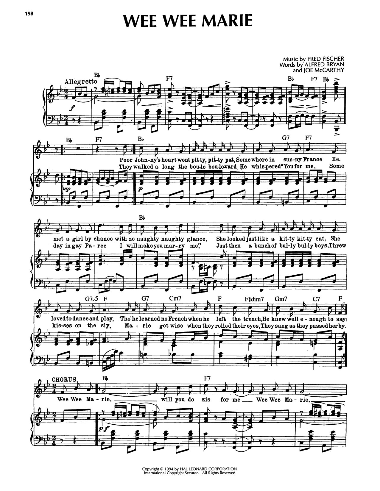 Alfred Bryan Wee Wee Marie sheet music notes and chords arranged for Piano, Vocal & Guitar Chords (Right-Hand Melody)