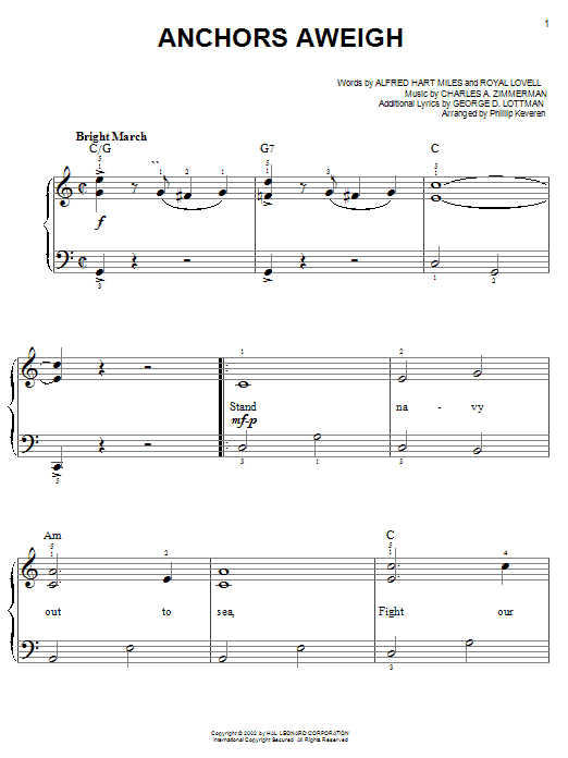 Alfred Hart Miles Anchors Aweigh (arr. Phillip Keveren) sheet music notes and chords arranged for Easy Piano