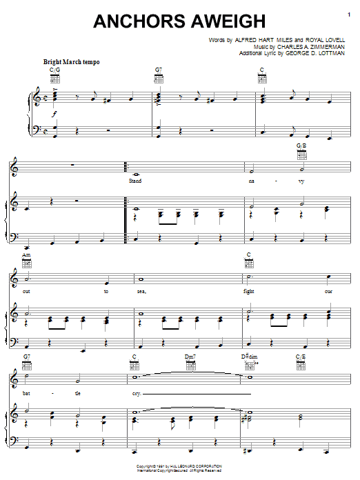 Alfred Hart Miles Anchors Aweigh sheet music notes and chords arranged for Piano, Vocal & Guitar Chords (Right-Hand Melody)