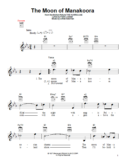 Alfred Newman The Moon Of Manakoora sheet music notes and chords arranged for Ukulele