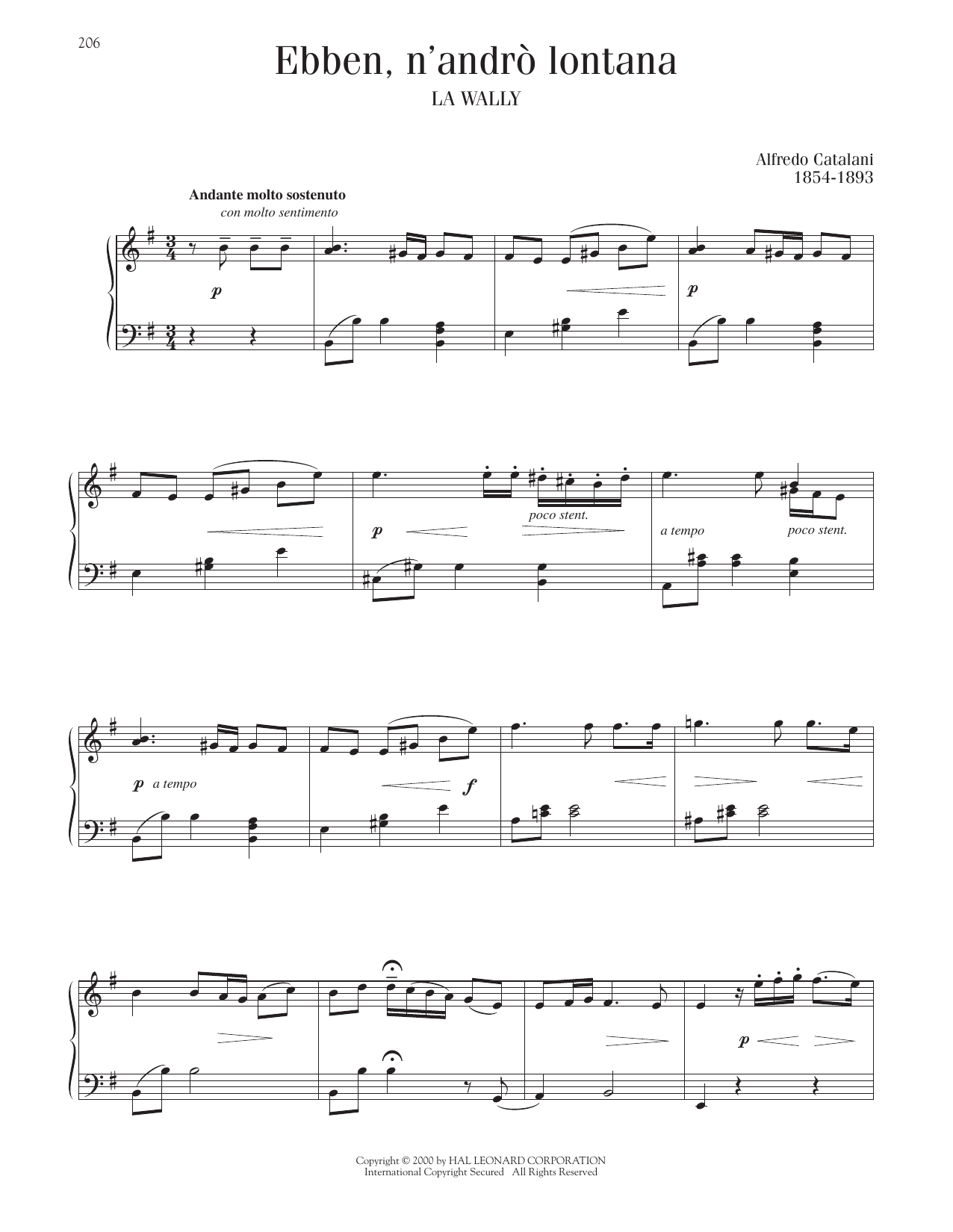 Alfredo Catalani Ebben? Ne Andro Lontana sheet music notes and chords arranged for Piano Solo