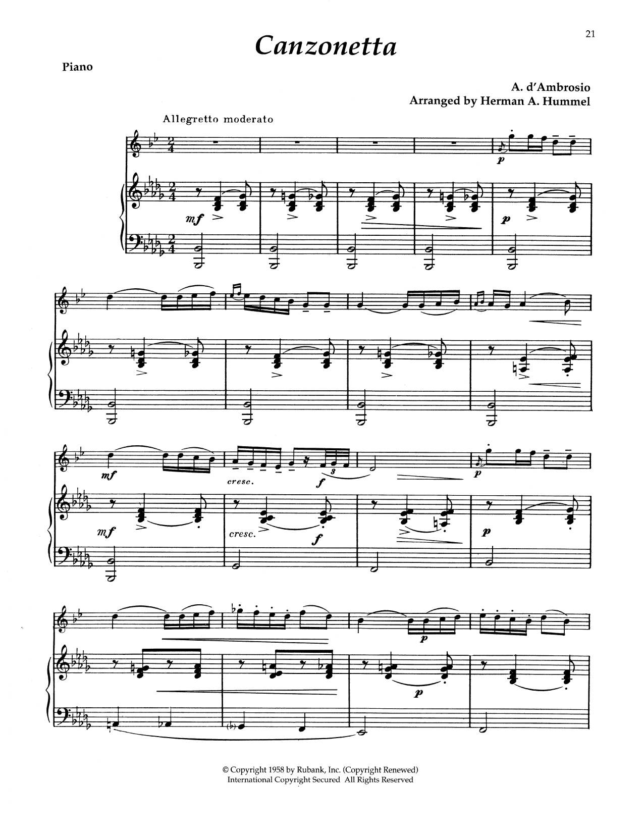 Alfredo d'Ambrosio Canzonetta No. 1, Op. 6 sheet music notes and chords arranged for Alto Sax and Piano