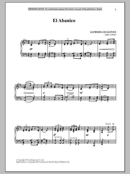 Alfredo Javaloyes El Abanico sheet music notes and chords arranged for Piano Solo