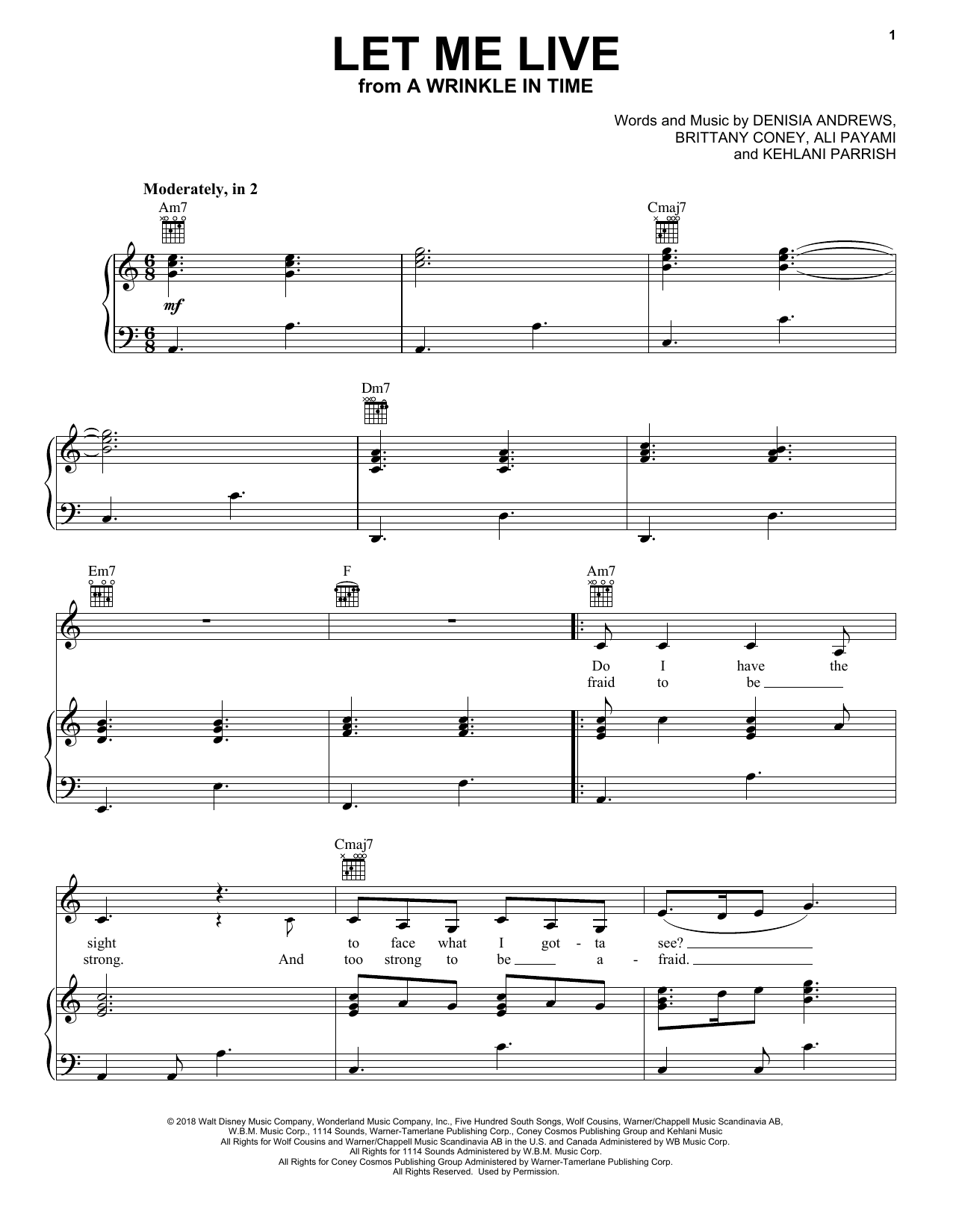 Ali Payami Let Me Live (from A Wrinkle In Time) sheet music notes and chords arranged for Piano, Vocal & Guitar Chords (Right-Hand Melody)