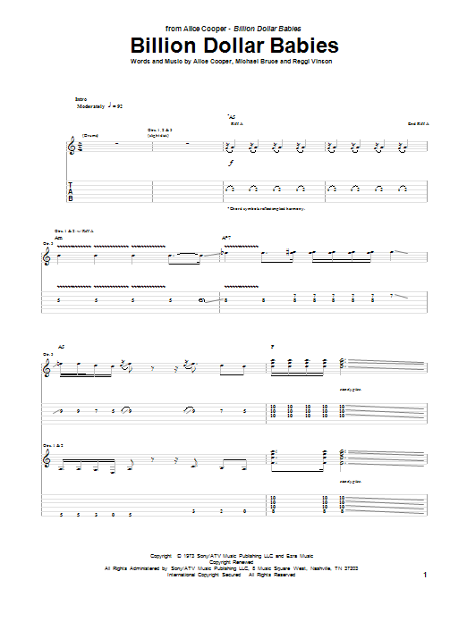 Alice Cooper Billion Dollar Babies sheet music notes and chords arranged for Guitar Tab