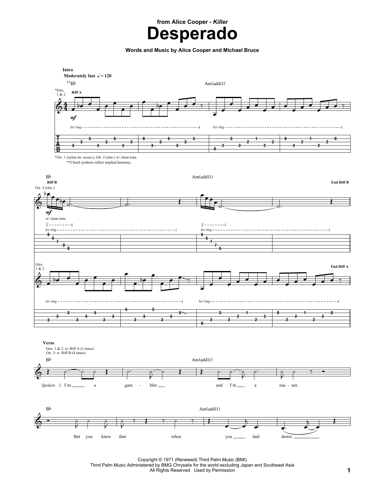 Alice Cooper Desperado sheet music notes and chords arranged for Guitar Tab