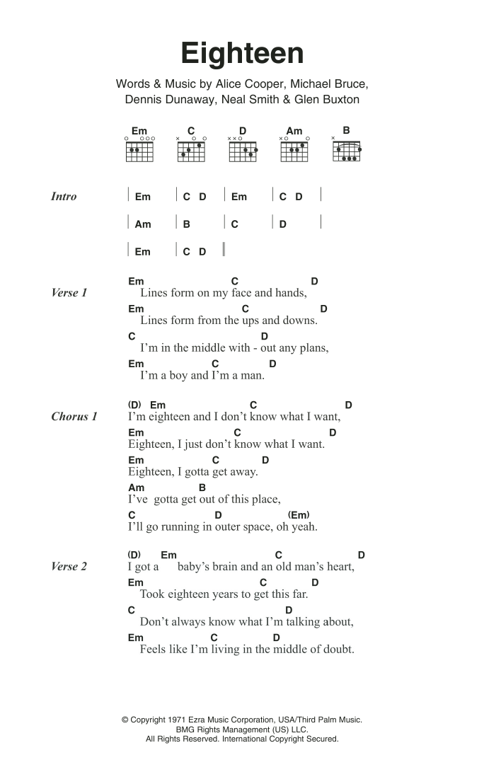 Alice Cooper Eighteen sheet music notes and chords arranged for Guitar Chords/Lyrics